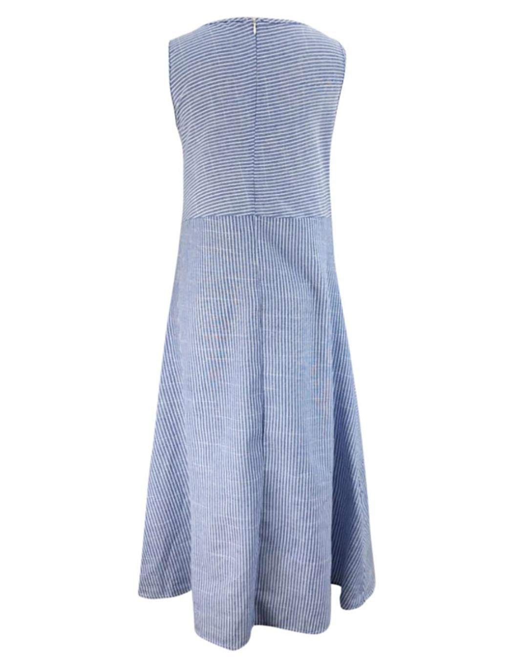 UpBeauty Women Casual Striped Sleeveless Loose Beach Long Dress with Pockets Dresses Light Blue