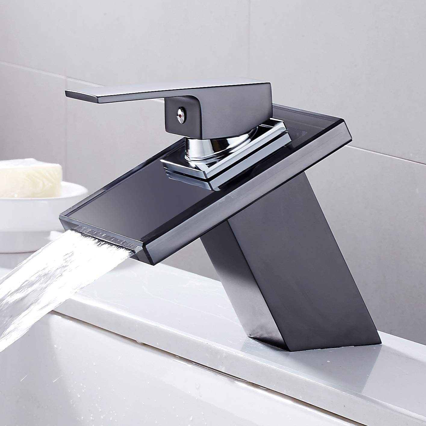 Waterfall Basin Sink Mixer Tap Chrome Modern Bathroom Lever Faucet Glass Spout Single Handle Washroom Basin Mixer Taps Black