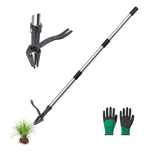 Weed Puller Tool Stand Up Weeder with Long Handle & 4-Claw Steel Head Manual Weed Remover Tool for Lawn and Garden (Steel)