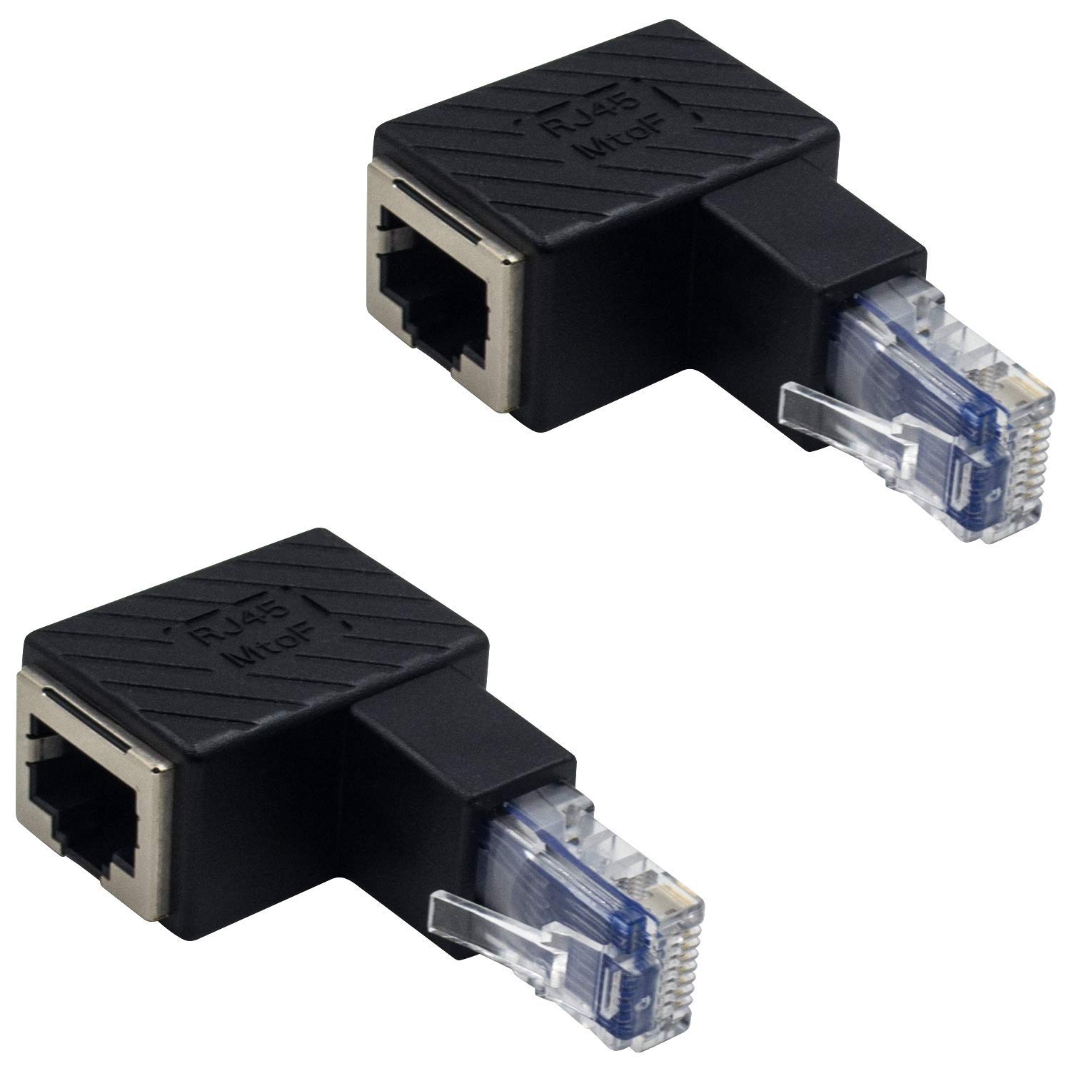 Duttek 90 Degree Ethernet Adapter, Down Angled RJ45 Male to Female Adapter Shielded Network Patch Connector Compatible with Switch, Modem, Router, PC, Network Printer, PS3,etc 2 Pack