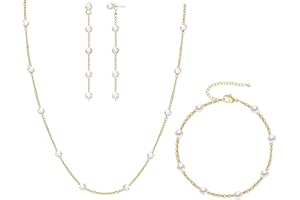 KXIEER Gold Jewelry Set for Women, Dainty 14K Gold/Silver Plated Pearl Necklace and Earring Set with Drop Earrings, Bracelets, Choker Necklace - Wedding Jewelry Gift