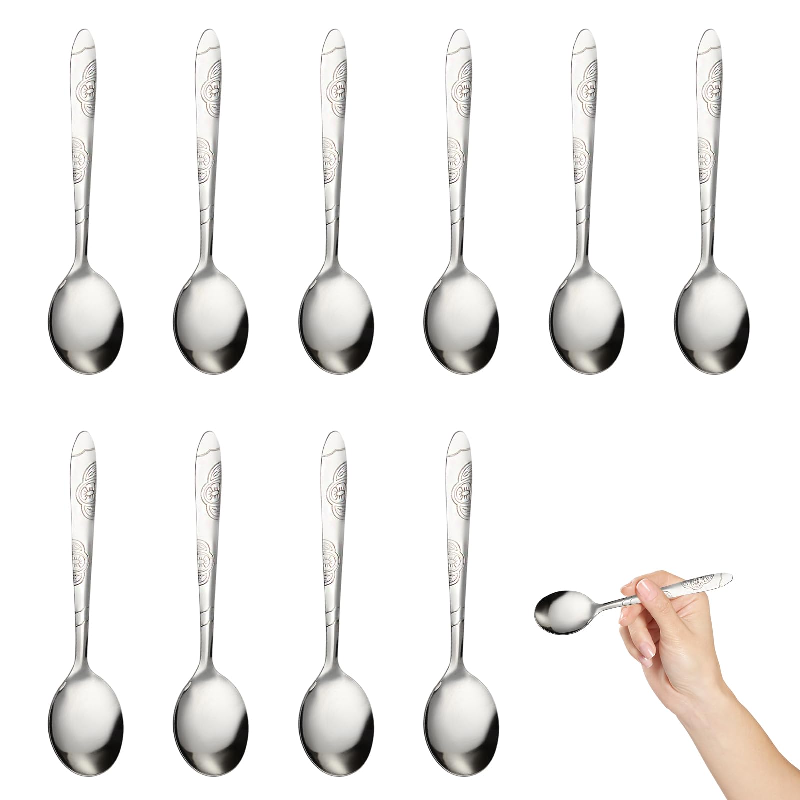 10pcs Round Spoon, 17.6cm/6.9inch Stainless Steel Table Spoon, Long Handle Dinner Spoon Set Sturdy Heat Resistant Smooth, for Coffee, Dessert, Soup