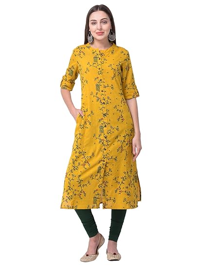 Women's Cotton Yellow Floral Printed A-Line Kurta with Plus Size's