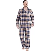 CHUNG Men Flannel Pajamas Set 100% Cotton Brushed Pjs Classic Plaid Long Sleeve Tops Pants Warm Sleepwear loungewear