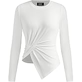 CIDER Long Sleeve Tops for Women Trendy Crew Neck Asymmetrical Hem Ruched Twist Front Going Out Tops Spring Fall Fashion