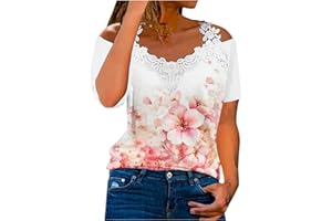 WKISHENL Womens Summer Tops 2023 Lace Cold Shoulder Tee Cute Floral Short Sleeve T Shirt Ladies Casual Regular Fit Blouses