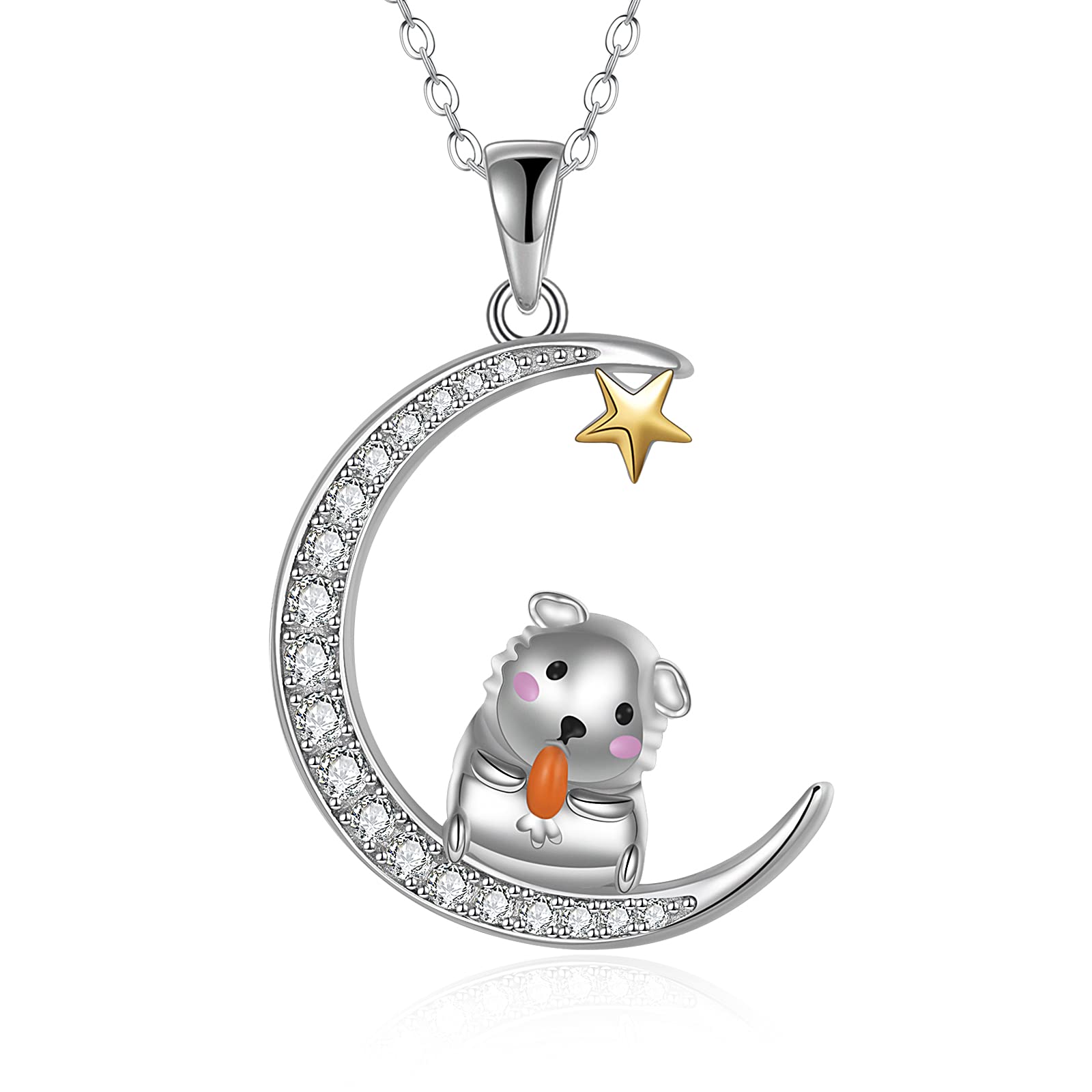 YAFEINI Guinea Pig Necklace for Women 925 Sterling Silver Guinea Pig on Moon Hamster Jewellery Gifts for Women