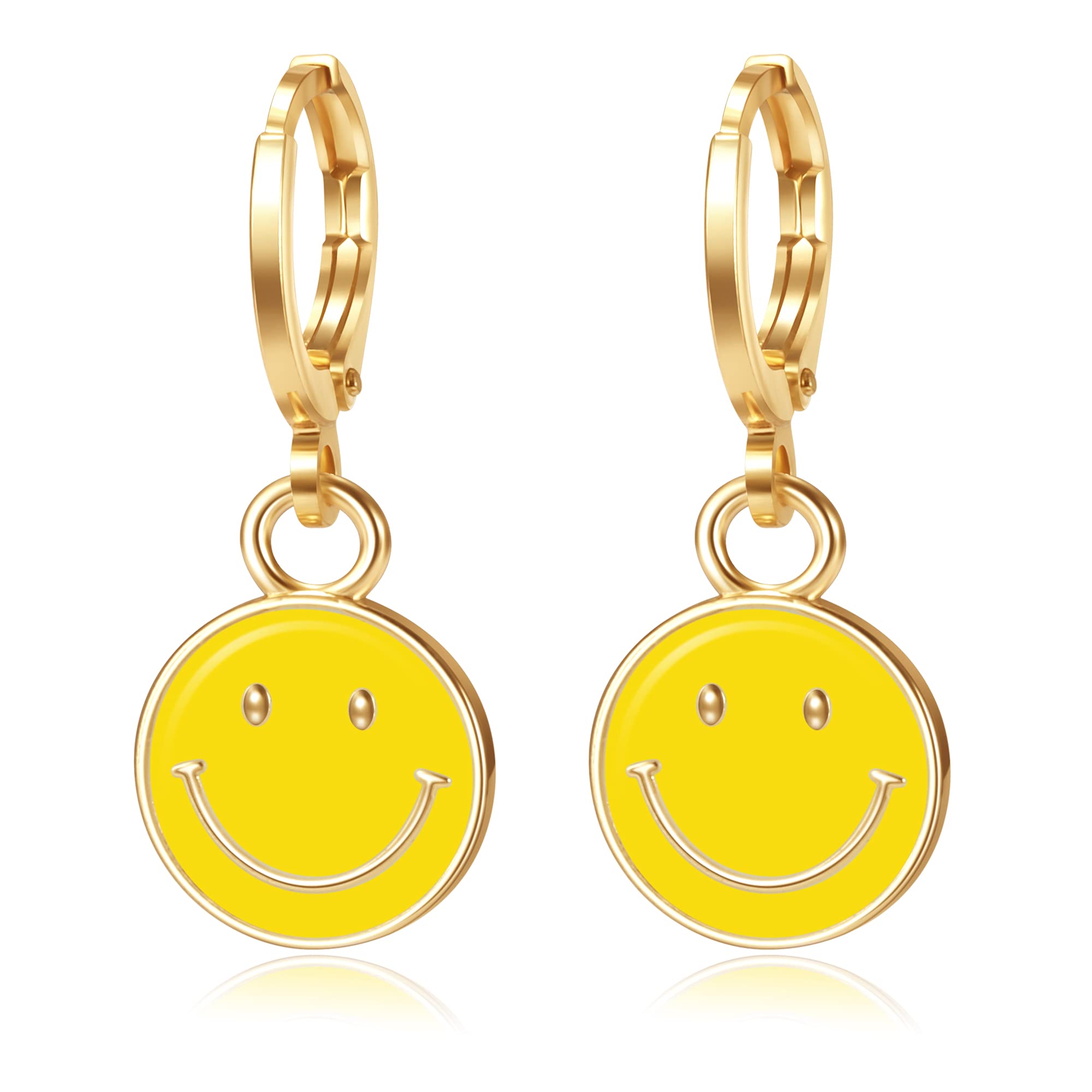 BYIA Huggie Dangle Hoop Earrings, 14K Gold Plated Smiley Face Drop Earring, Personalized Handmade Women Jewelry Gift (Yellow)