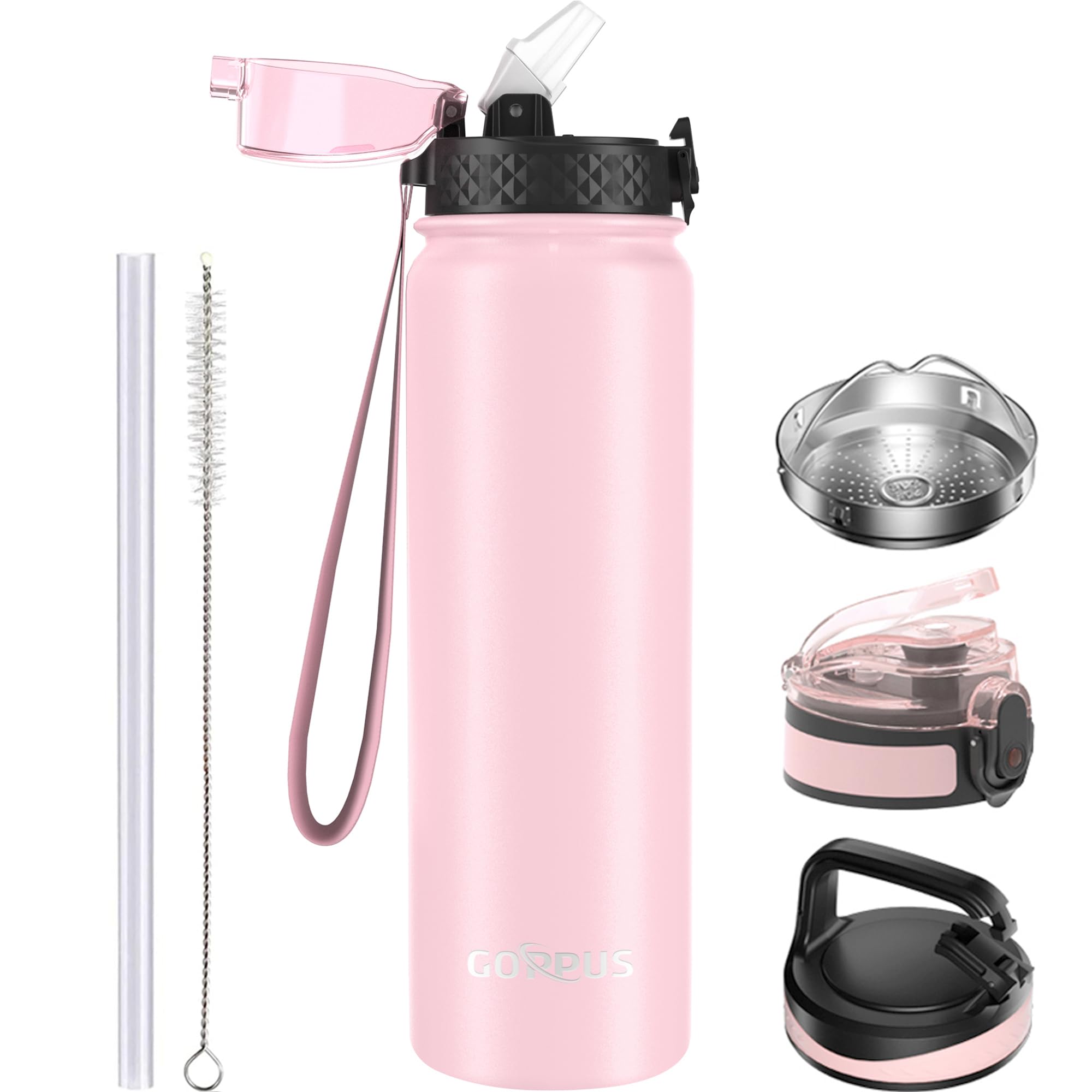 GOPPUS 1L/32oz Stainless Water Bottle with Straw Double Wall Insulated Bottles with Strap Reusable Vacuum Thermal Flask Leakproof Keep Cold Drinks Bottles with Flip Top Lid for Gym Men Women BPA Free