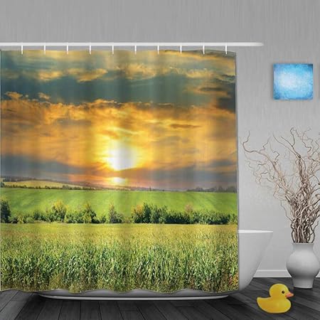 NISENASU Duschvorhang 180 * 180,Maisfeld und Sonnenaufgang auf