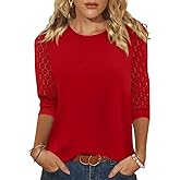 Womens 3/4 Length Sleeve Tops Summer Crew Neck Lace Tunic T-Shirts Business Casual Fashion Blouses Tops 2025