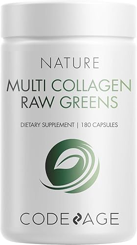 Codeage Multi Collagen Protein Capsules + Organic Greens Superfood - Fruits & Vegetables Pills Supplement - Grass Fed Collagen Peptides (TypesⅠ, Ⅱ, Ⅲ, Ⅴ & Ⅹ) - Hydrolyzed, Non-GMO - 180 Count