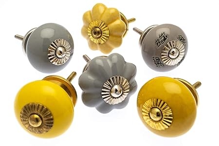 Türknauf-Set von Safran Gelb Gold & Slate Grau Keramik X Pack 6(mg-275)-'Mango Baum' TM eingetragenes Produkt