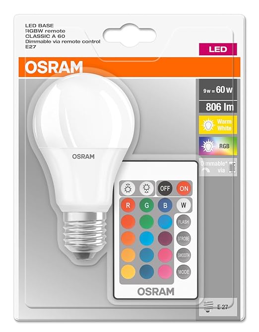 Osram LED Base Classic A RGBW Lampe, in Kolbenform mit E27 Sockel, dimmbarkeit und Farbsteuerung per Fernbedienung, Ersetzt 6
