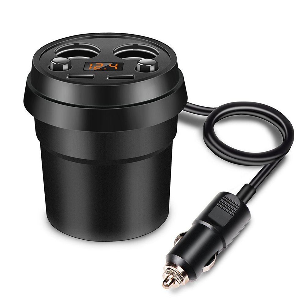 MoLiSmart 2-Socket Cigarette Lighter Power Adapter with Dual USB Car Charger and LED Battery Voltage Display Cup Holder for iPhone Xs Max iPad 11 and More