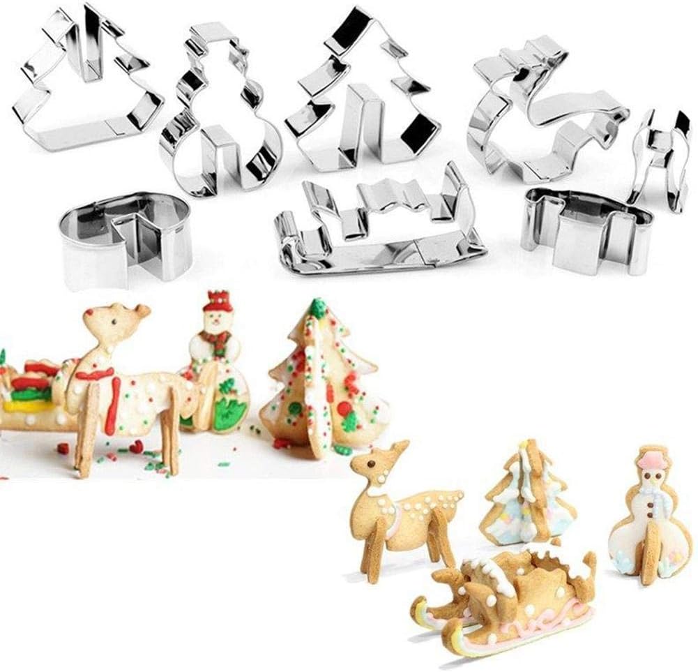 8pcs 3D Christmas Cookie Cutter Set DIY Cake Decoration Stainless Steel Biscuit Embossing Moulds Pastry Icing Fondant Cutter Mold Decor Xmas Tree Snowman Reindeer Sleigh for Kids Baking Tools