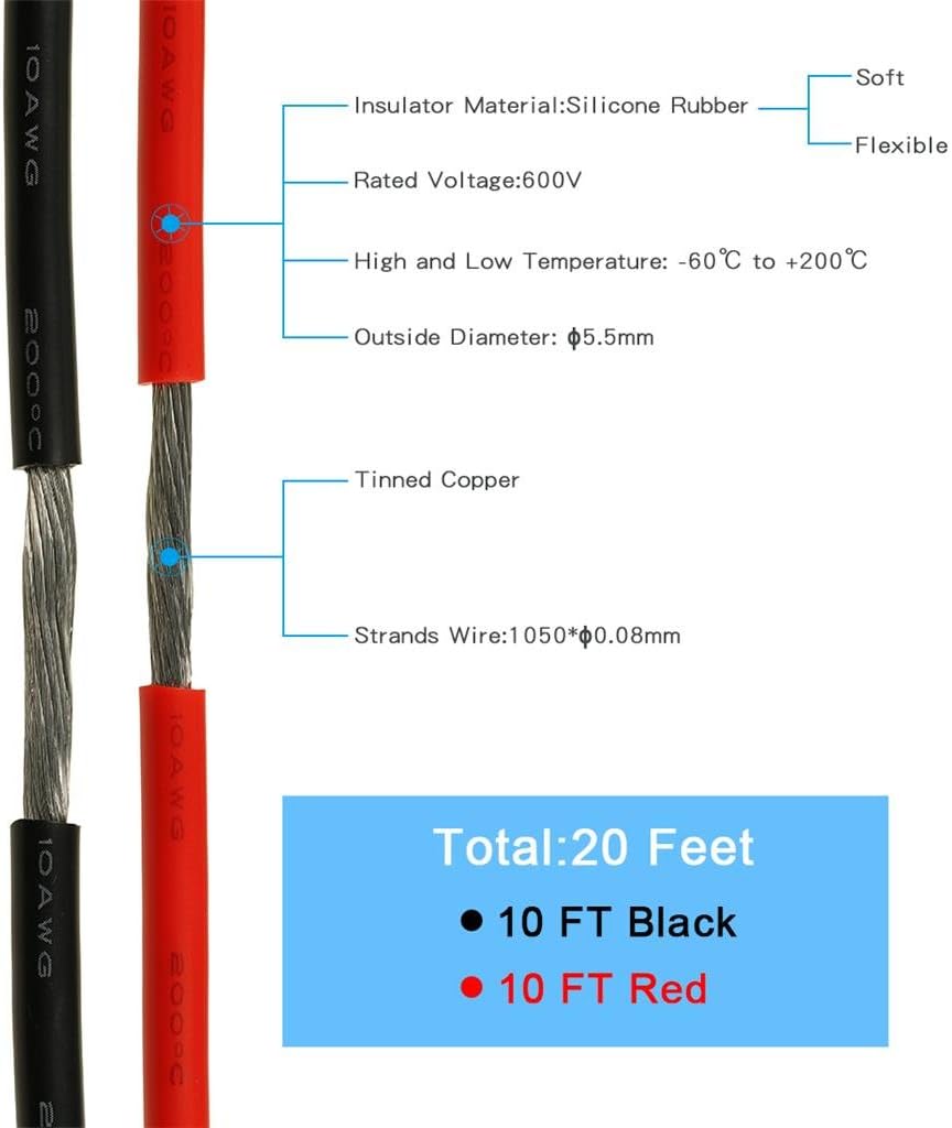 BNTECHGO 10 Gauge Silicone Wire 10 ft red and 10 ft Black Flexible 10 AWG Stranded Copper Wire: Car Electronics