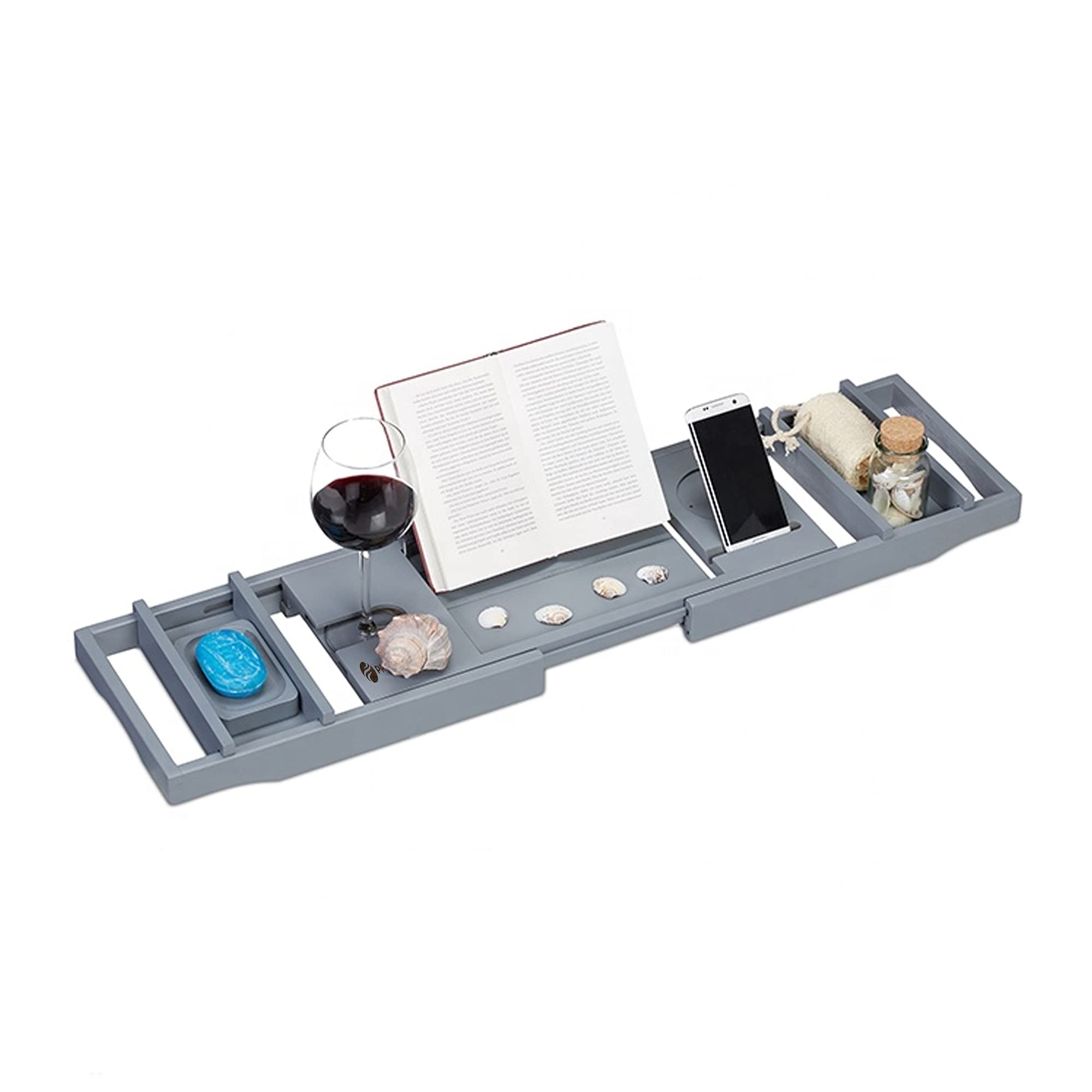 Premeum Adjustable Bamboo Bath Caddy Tray – Includes Detachable Spa Trays and Soap Holder - Hand-Crafted Grey Bamboo Bathtub Accessory – Lavish and Natural Serving Tray for Bathtub