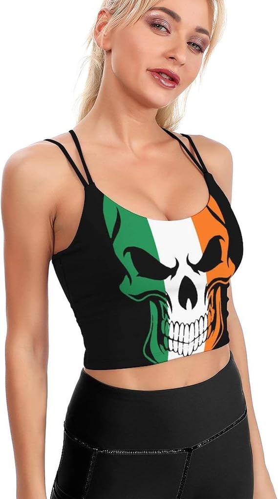 QUZtww Ireland Irish Flag Cool Skull Padded Sports Bra for Women Crop