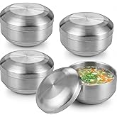Varku 4Pcs Stainless Steel Korean Soup Rice Bowl With Lids, 4.92 in/12.5 cm Cereal Kitchen Restaurant Double-walled Insulated Soup Rice Bowl,14OZ Silver Ramen Metal Bowls for Salad Noodles