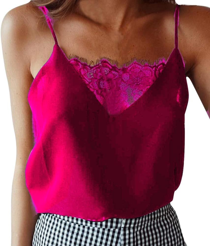 Shirt Womens Lace Sexy Vest Fashion Camisole Sleeveless T-Shirt Solid Blouse Tops Hot Pink