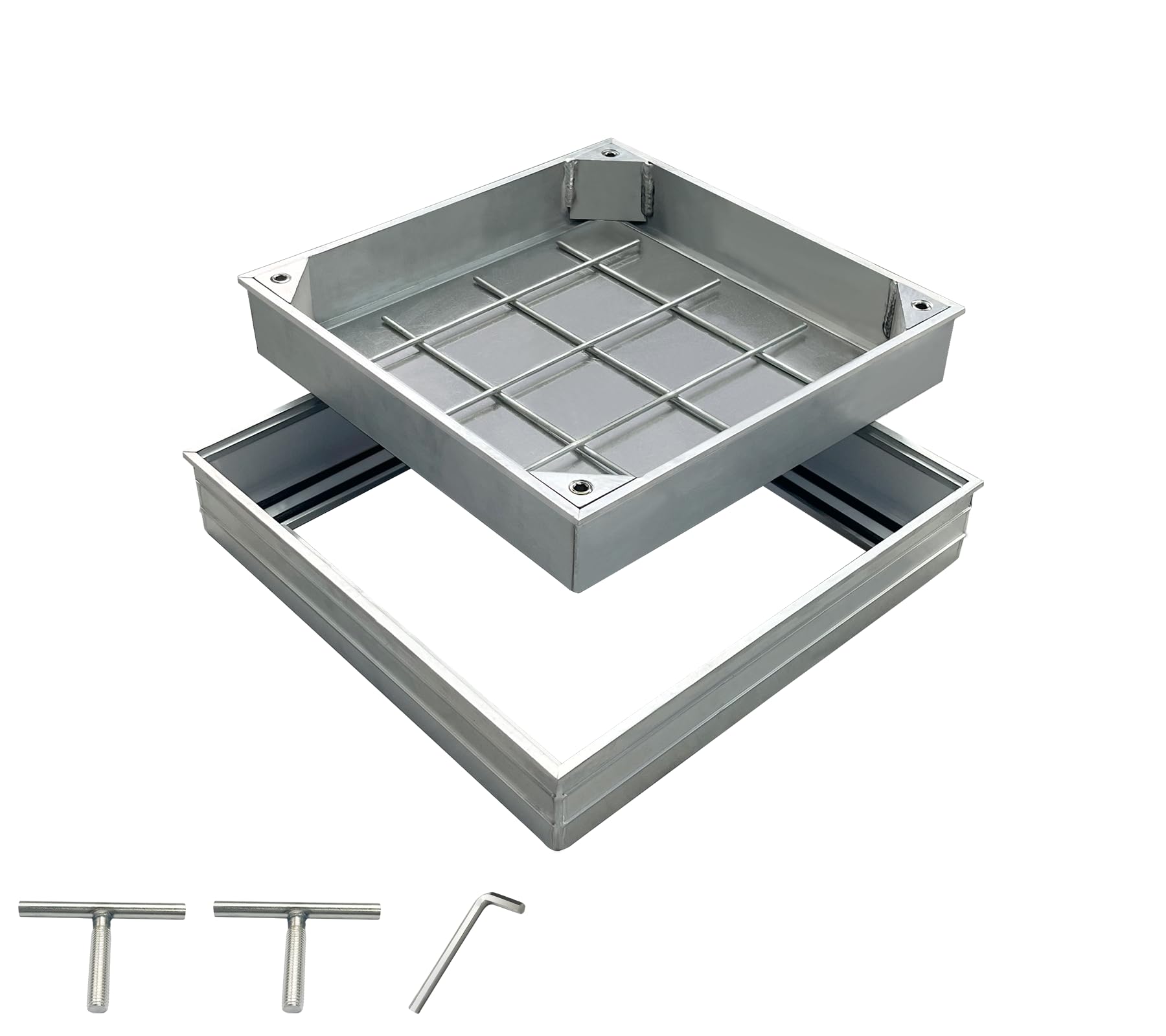 NATOTELA Recessed Manhole Cover and Frame Overall Size 300x300mm Invisible Aluminium alloy Inspection Chamber Cover Square Embedded Manhole Lid with Lifting Keys for Patios Garden School Courtyards
