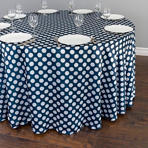 120 in. Round Polka Dot Satin Tablecloth Navy Blue / White