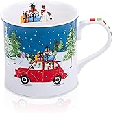 MFoffice 12 oz Christmas Car Coffee Mug, Festive New Bone China Mug with A Red Beetle in Snowy Winter Scene, Holiday Gift for Car Lovers, Kids & Family, Designed in England by Harvest Green Studio