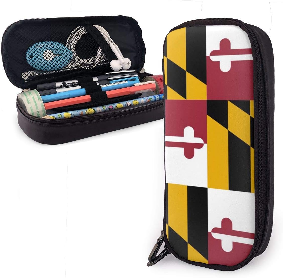 Flag of Maryland Leather Pencil Case for Adults and Students,Pen Case Makeup Pouch for Purse Zipper Pouch for Pencils Pens Markers