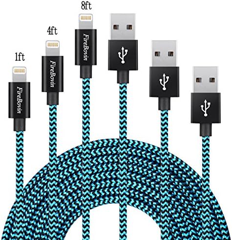 FireBovin Iphone Cable , 3Pack 1FT 4FT 8FT Phone Cord Lightning Cable Charger with Aluminum Connector for iPhone 7/7 Plus/6s/6s Plus/6/6Plus/5s/5c/5, iPad/iPod Models-Blue