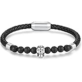COAI Skull Bracelet for Men, Onyx Beaded Leather Bracelet for Men
