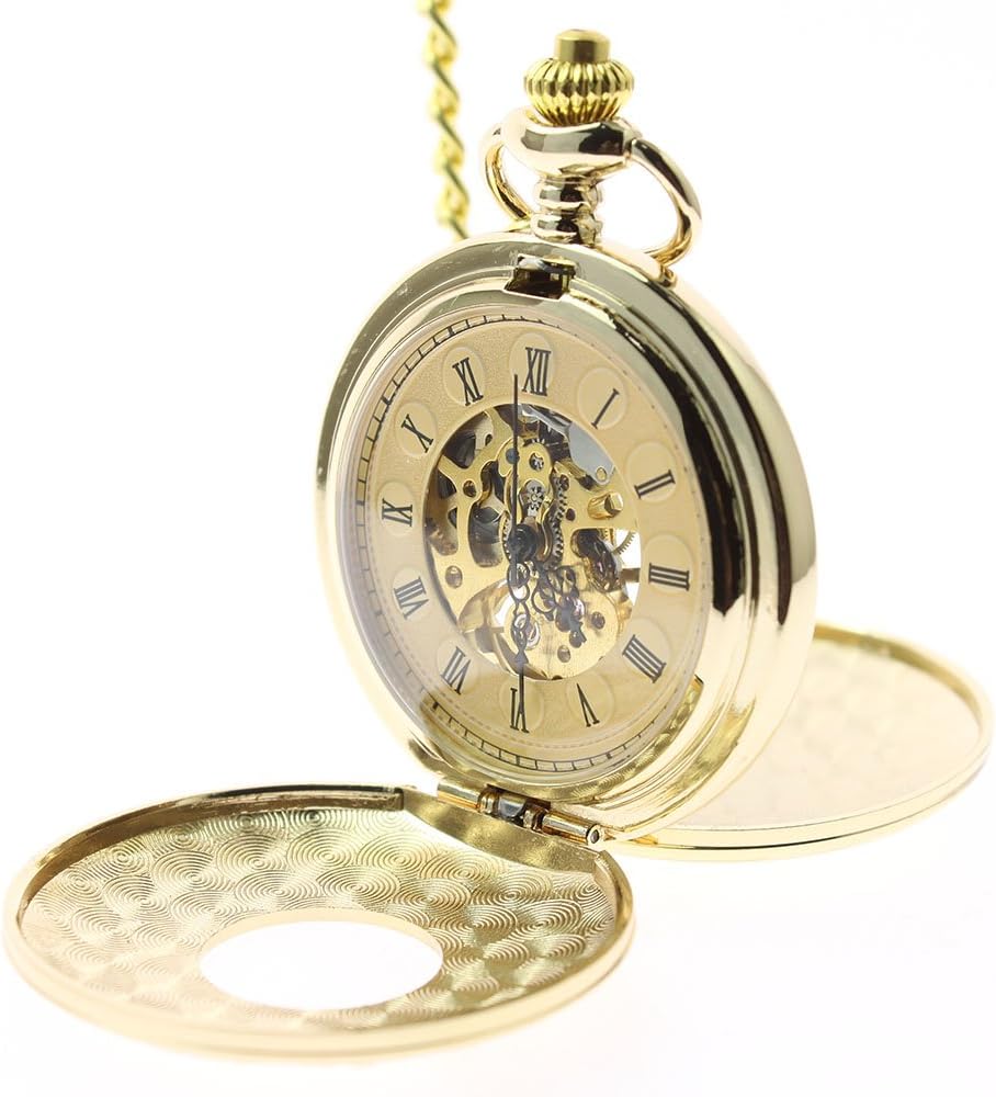 itemstodayDouble Hunter Gold Men's Mechanical Hand Wind Pocket Watch Engraved Roman Numerals
