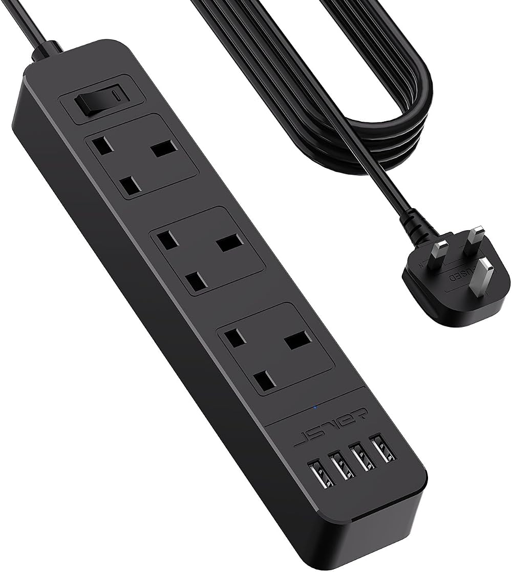 JSVER Extension Lead with USB Ports 5M 3 Outlets 4 USB 13A 3250W Black