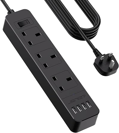 JSVER Extension Lead with USB Ports 5M 3 Outlets 4 USB 13A 3250W Black
