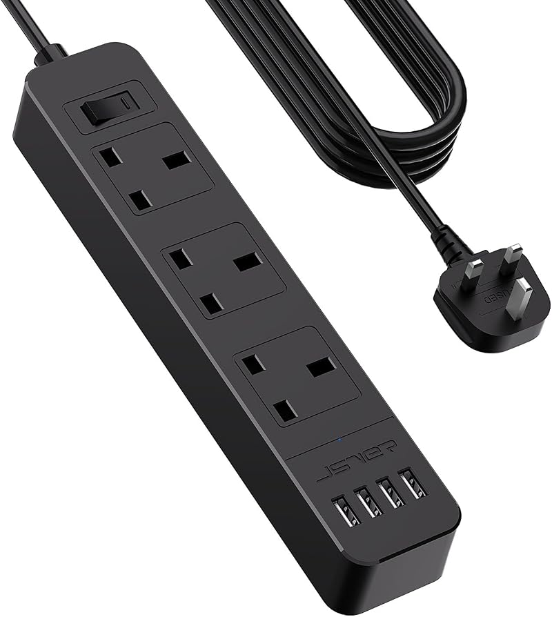 JSVER Extension Lead with USB Ports 5M 3 Outlets 4 USB 13A 3250W Black