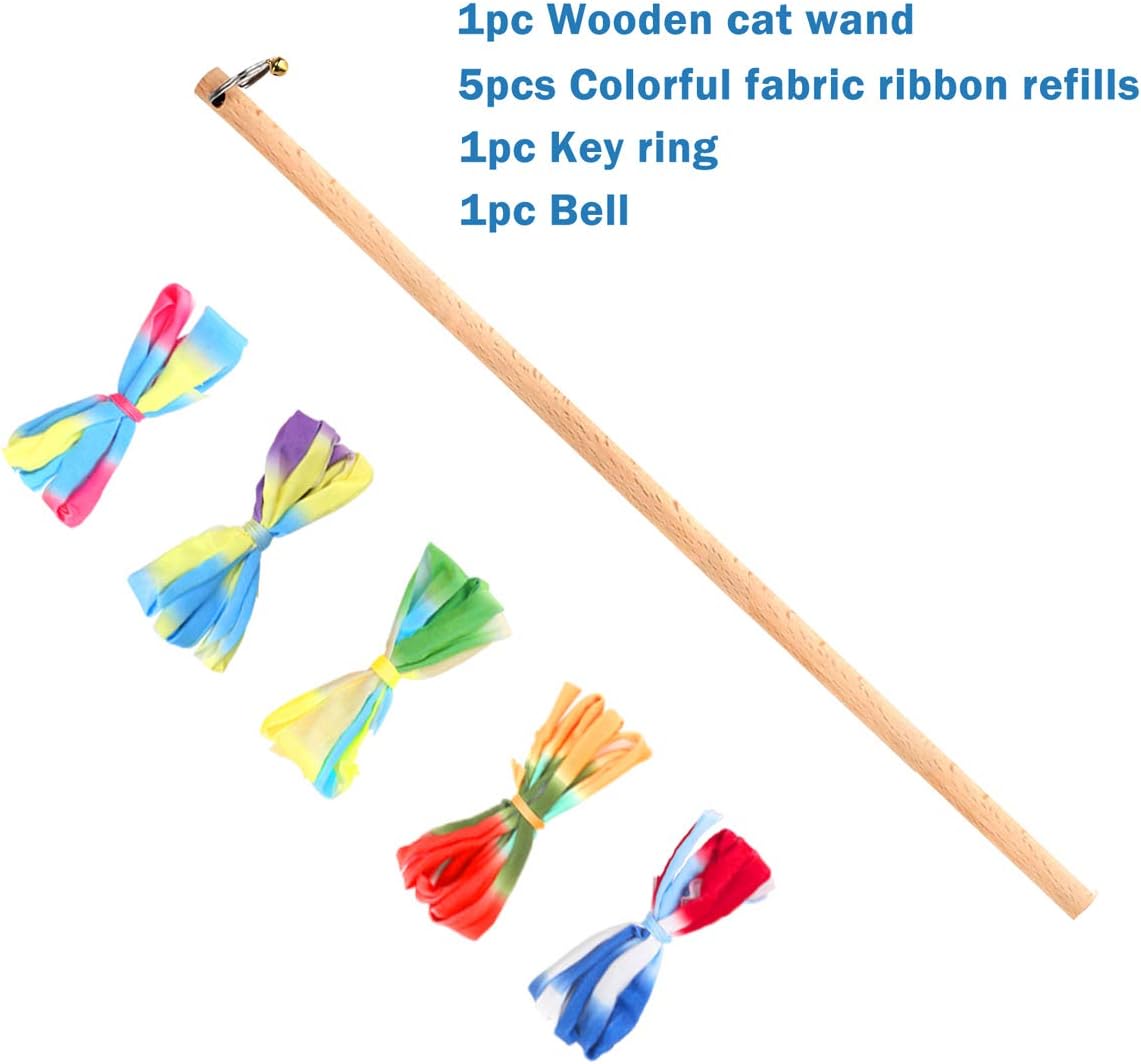 Interactive Cat Toys Rainbow Cat String Toy with Bell, Replaceable Wood Cat Wand with 5PCS Colorful Fabric Ribbon Refills, Safe Cat Catcher Teaser Stick Toy for Kittens Training Pets Exerciser : Pet Supplies