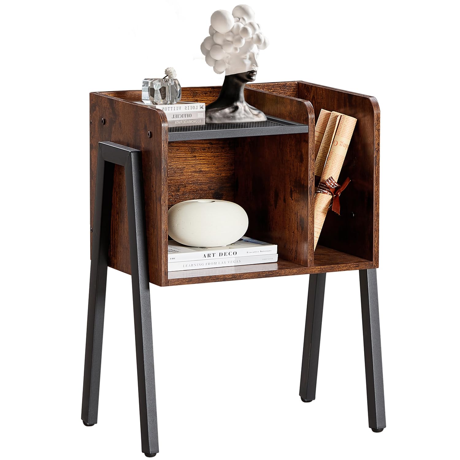VECELO Nightstand Industrial End Table,Bedside Table with 2-Tier Open Storage Shelves,Wood Side Table with Metal Frame for Bedroom, Living Room,Small Spaces Image