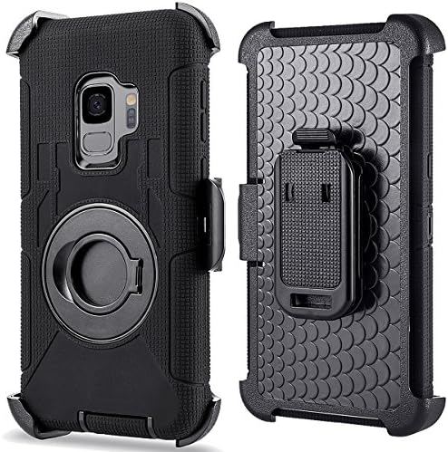 For Samsung Galaxy S9 PLUS Case (Not for S9), PlusMall Rugged Shockproof Hybrid Protective Case Back Cover with Swivel Belt Clip Hard Holster Defender Case Ring Rotating Kickstand (Black)