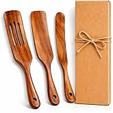Peach Fairyers Teak Spurtle Set, 3‑Piece Wooden Cooking Utensils for Nonstick Cookware – Skinny Jar Spatula for Sourdough, Wide Turner & Slotted Spurtle – Natural Teak Gift Box