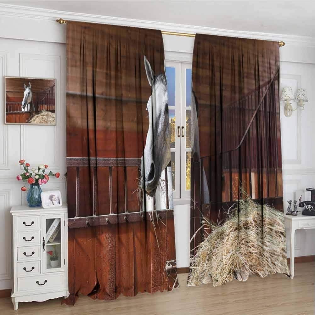 wonderr Decor Waterproof Curtains W72 x L96 Inch,Thermal Insulating Blackout Curtain,Horse Decor,Young Mare Eating Hay in Stable Rustic Barn Ranch House,Dark Olive and Green