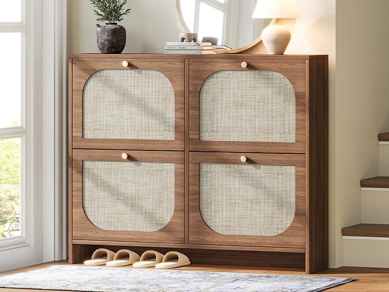 Photo 1 of Nicetree Freestanding Ultra Slim Arched Rattan Accent Shoe Storage Cabinet for Entryway - 4 Flip Drawers & 3-Tier Adjustable Shelves, Farmhouse Modern Rustic Shoe Rack for Hallway, Foyer Oak