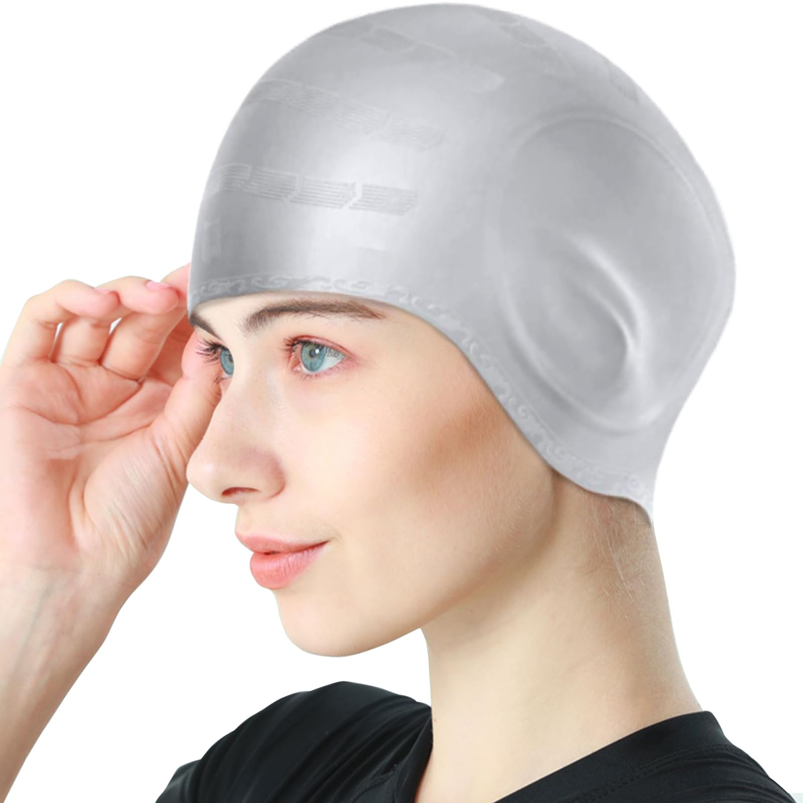 Ledeak Swimming Cap with 3D Ear Protection, Non-Slip Waterproof Silicone Swim Cap, Swimming Hat for Adult fits Long Short Hair(Grey)