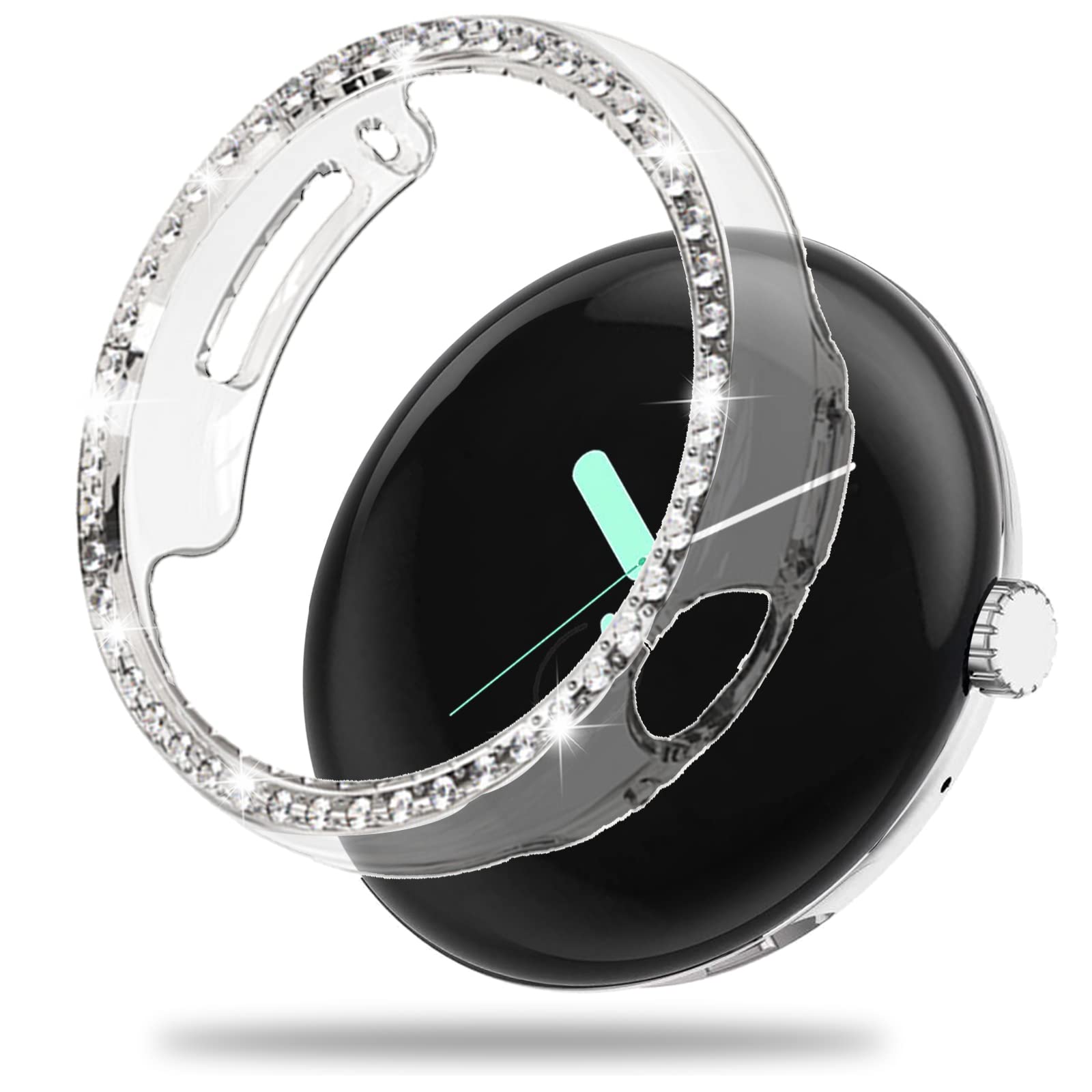 Miimall Compatible with Google Pixel Watch Case, Hard PC Frame Case without Screen Protector, Crystal Diamonds Bling Case for Women Girl, Ultra Slim Protective Cover for Google Pixel Watch-Clear
