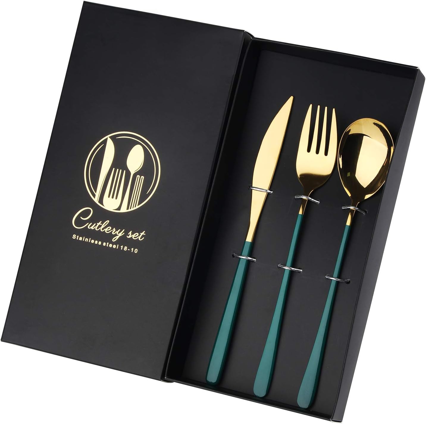 Flatware Cutlery Set with Gift Box, 3piece Matte Green Gold Luxury