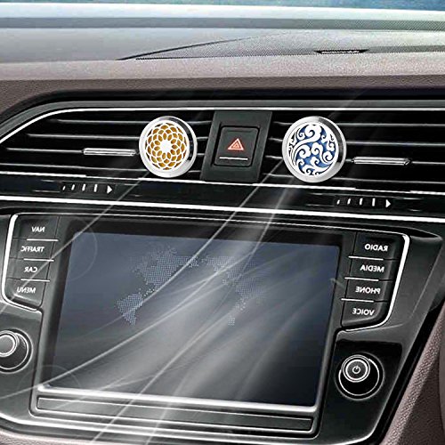 2 Pack Premium Car Fragrance Essential Oil Perfume Diffuser — Stainless Steel Air Freshener Locket Ugprade Car Vent Clip 22 Replacement Felt Pads, Cloud and Sunflower