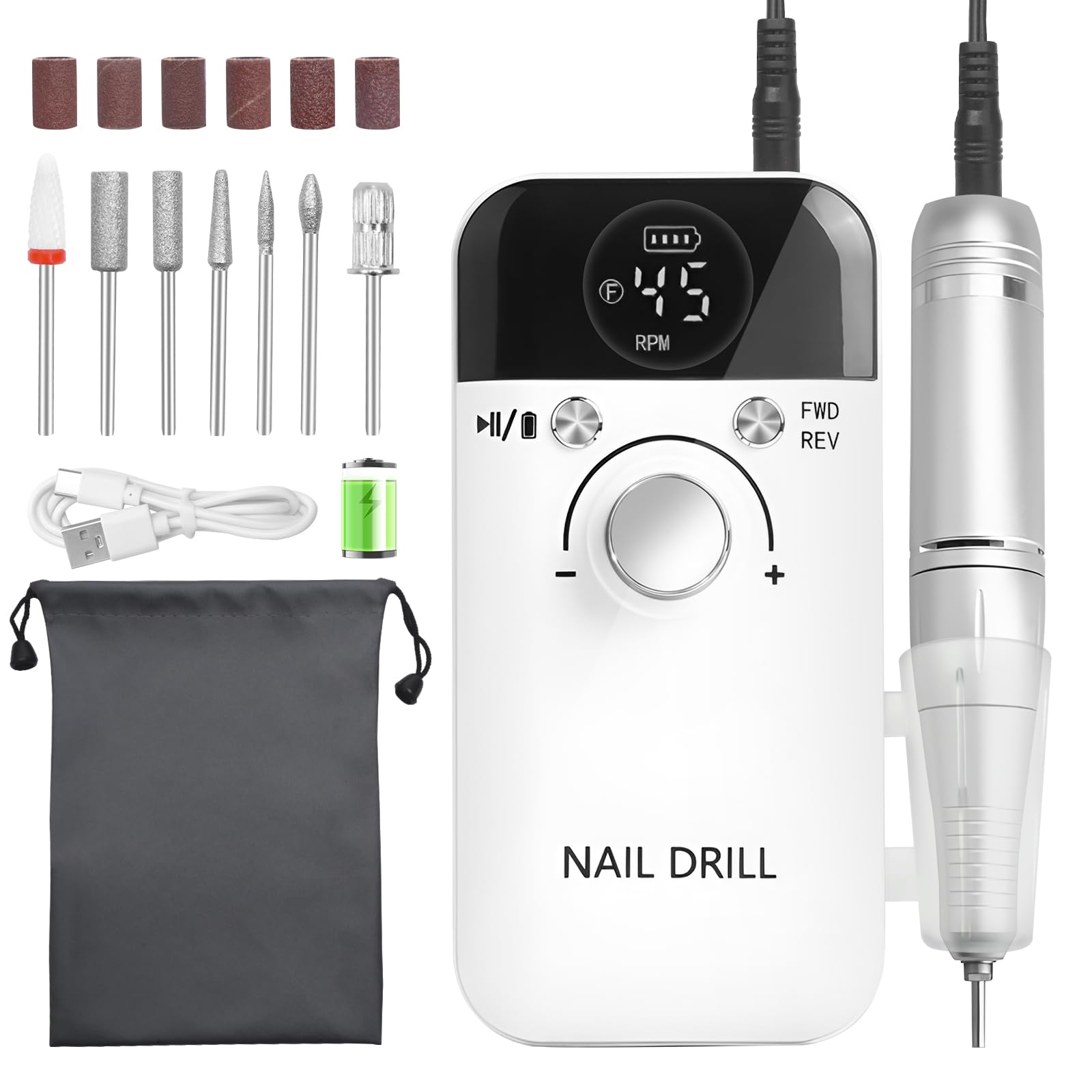 CGBE ネイルマシン: 電動ネイルマシン ジェルネイル オフ 45000RPM 高速回転 ネイルオフマシーン 甘皮処理 ネイルケアセット プロ用 7個セット 正逆回転 USB充電 自宅ネイルサロン用 (白)商品画像