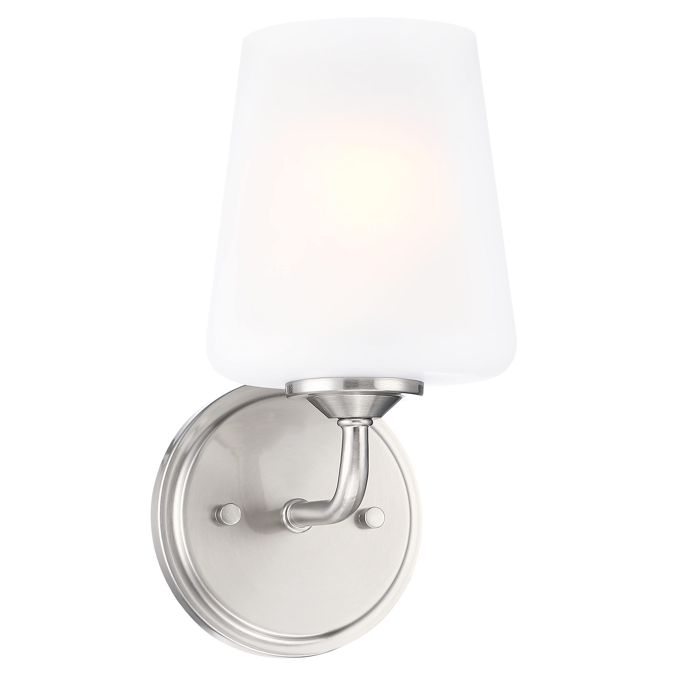 Photo 1 of Design House Stasia Wall Sconce, 1-Light, Sleek Modern Arms, Frosted Glass Glow, Dimmable, Dual-Mount Option, E26 Socket, Satin Nickel, 5.4 in L x 6.7 in W x 10.9 in H, 589283