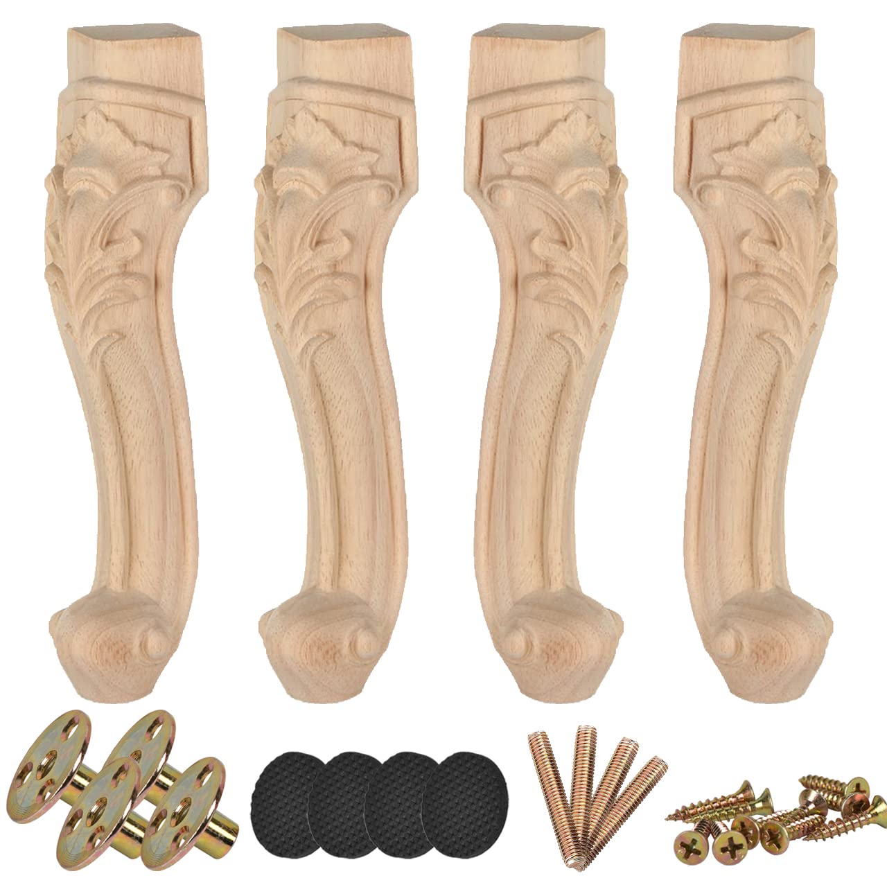Btowin VCF 16 Inch / 40cm Wooden Furniture Legs, 4PCS Solid Wood Carved Geometry Sofa Legs Unfinished DIY Replacement Bun Feet with Mounting Plate & Screws for Sofa Cabinet Couch Table TV Stand