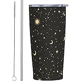 YIKISSKID Starry Sky 20oz Tumbler with Lid and Straw for Women Men, Golden Stars Moon Sun Insulated Mug Starry Night Sky Stainless Steel Tumbler Double Wall Vacuum Travel Mug Coffee Cup