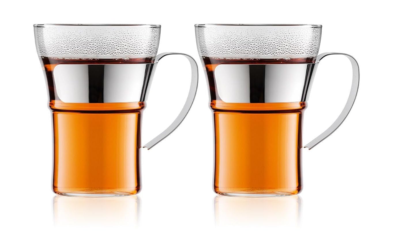Bodum ASSAM Coffee Glass Set (Double-Walled, Metal Handle, Dishwasher Safe, 0.35 L/12 oz) - Pack of 2, Shiny